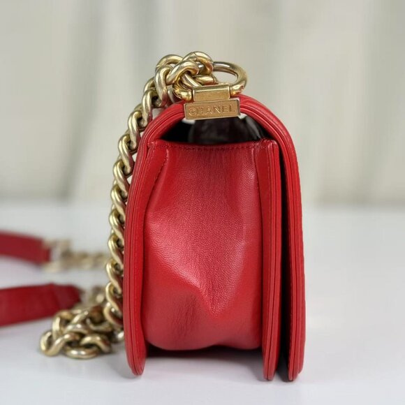 Chanel Red Leather Small Boy Bag Full Set with Gold Chain Strap - Picture 6 of 14